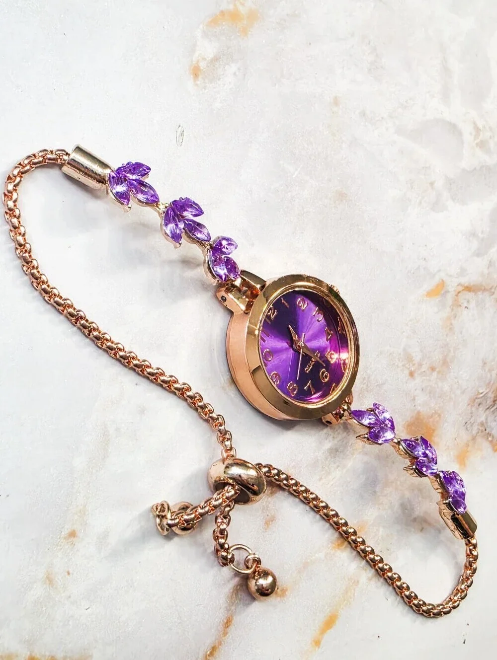 Elegant Purple Crystal Leaf Accent Watch Rose Gold Tone Adjustable Bolo Strap